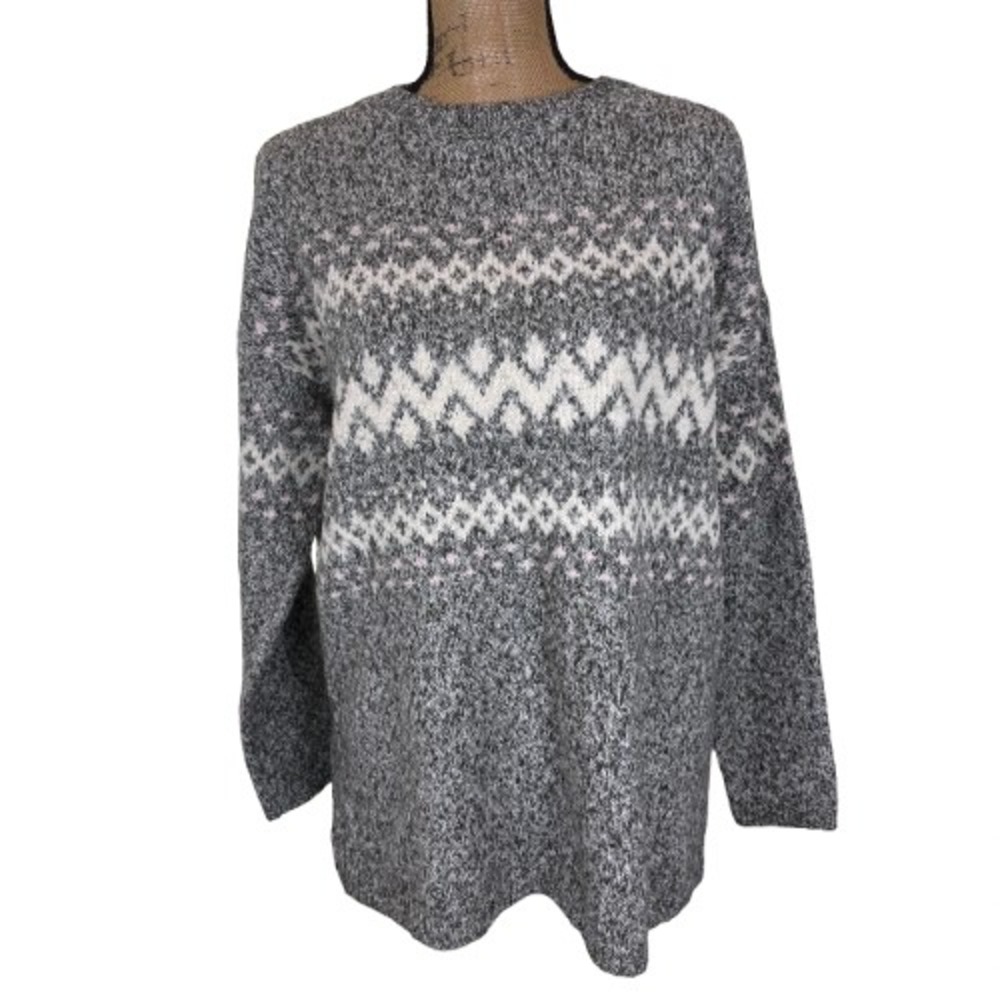 J. Jill Gray Fair Isle Sweater Cotton Blend Nordic Hygge Oversized Winter Small